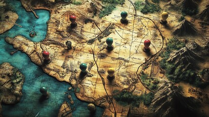 A detailed vintage map with colorful pegs marking locations, showcasing exploration and adventure.