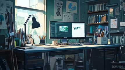 A creative workspace with a desk, computer, art supplies, and vibrant colors, reflecting artistic inspiration.