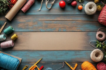 Colorful yarn and crafting supplies arranged on a rustic wooden table ready for creative projects