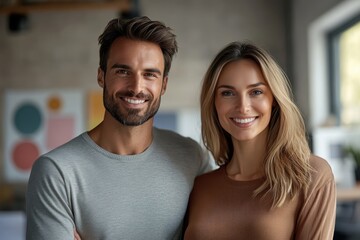 Fototapeta premium A happy couple smiling together in a cozy modern indoor setting during daytime