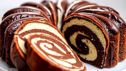Sliced Marble Cake with Chocolate Sauce on top.