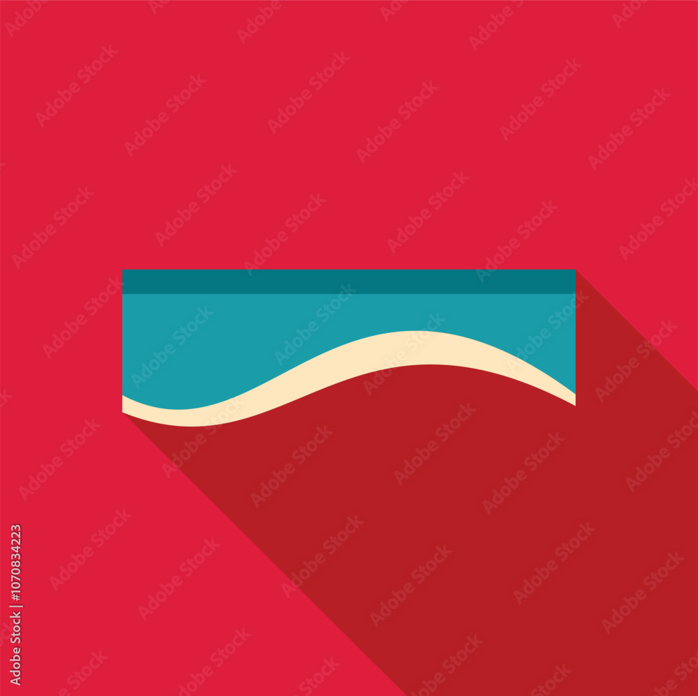 Poster rectangular packaging box with wavy line showing product inside, isolated on red background