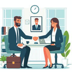 People shaking hands at work - Two businesspeople, man and woman doing handshake in office at work while smiling over business agreement and deal. Flat design stock illustration on white background