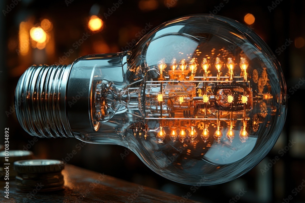 Poster glowing filament bulb with intricate internal gearwork