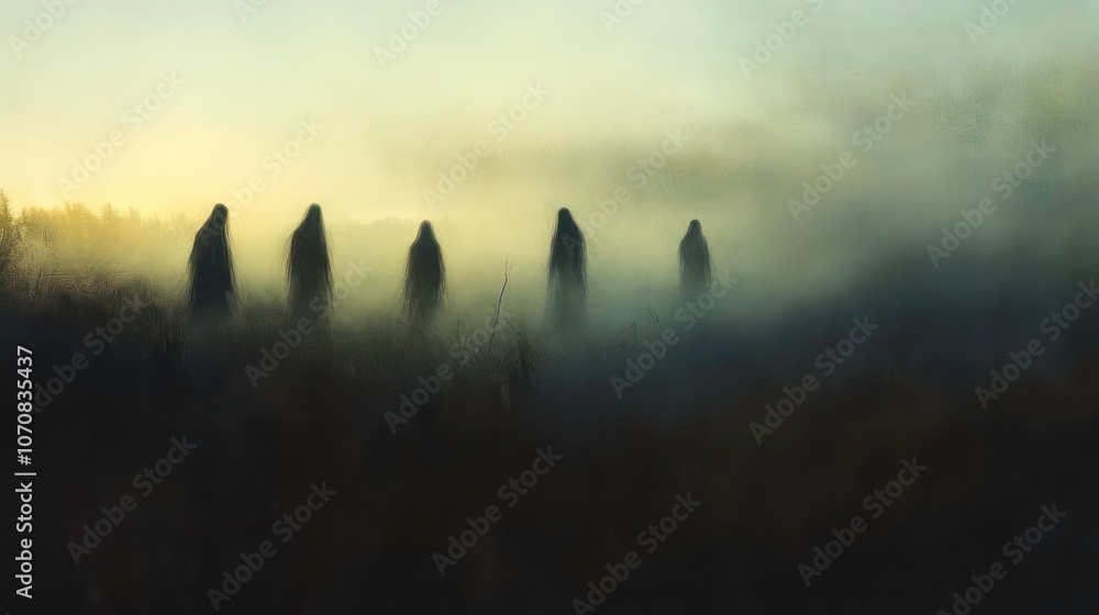 Poster shadows of figures emerge through fog in a mysterious landscape at dawn.