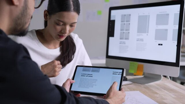 UX UI designer testing prototype on a tablet, discussing and brainstorming on wireframes for a website and mobile app prototype, in the concept of website and mobile application design concept.