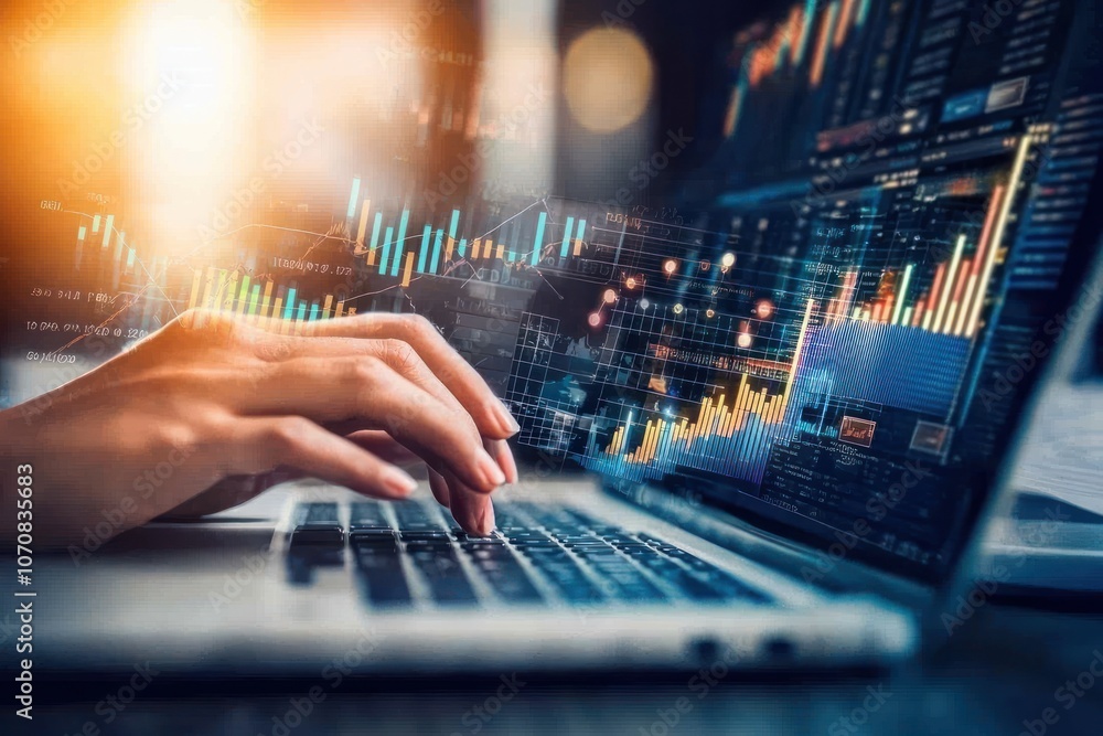 Poster A Hand Typing on a Laptop with Financial Data and Graphs Displayed on the Screen
