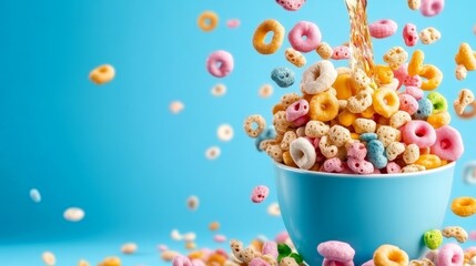 Colorful Cereal Bowl with Milk Splash Breakfast Food Blue Background