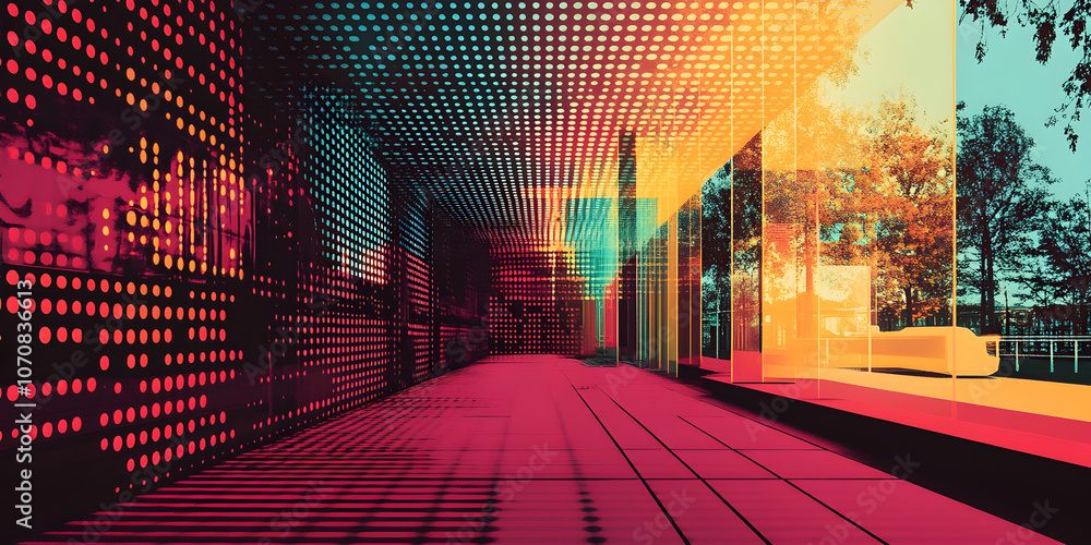 Aufkleber digital dreamscape: a vibrant, abstract hallway pulsates with color and light, creating a surreal an