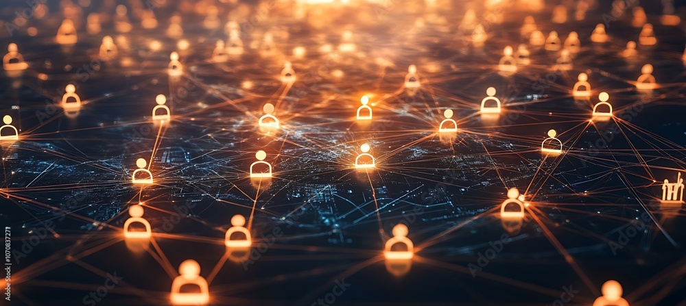 Poster a conceptual image of interconnected business icons forming a global network