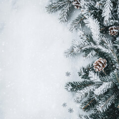 Frosted Christmas Greenery with Snowflakes Background