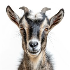 Fototapeta premium Close up portrait of a curious goat with brown and black fur.