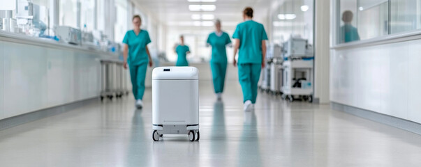 Obraz premium Delivery robot transporting medical supplies in hospital corridor with doctors in motion