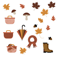A Beautiful flat illustration autumn set maple leaves, oak leaves, mushroom, acorn, basket, boots, umbrella, scarf on white background