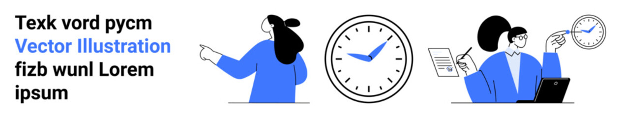 Team members collaborate and point at documents, clock represents time management, laptop and files indicate organization and productivity. Ideal for project planning, corporate presentations