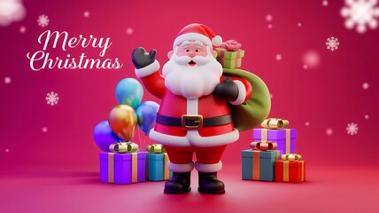 A 3D render of a festive scene with a jovial Santa Claus standing in the center, gifts and balloons Christmas decoration.