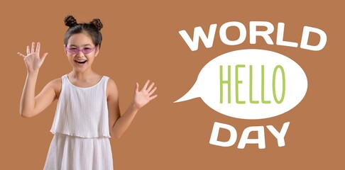 Banner for World Hello Day with happy little girl on brown background