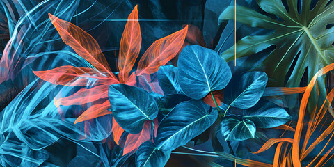 Tropical Nightscape: Vivid teal and coral tropical leaves create a dramatic, surreal nightscape.  The interplay of light and shadow enhances the rich textures and colors.