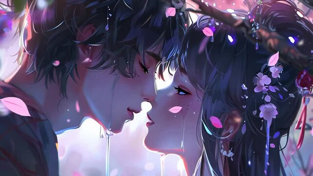 A pair of anime guy and girl kissing under a cherry blossom