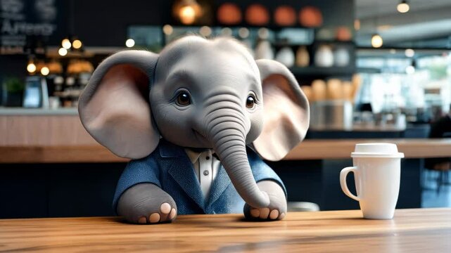 A cartoon elephant is sitting at a table with a cup. The elephant is wearing a suit and tie