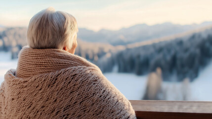 Elderly woman admiring snowy mountain landscape from balcony, wrapped in warm blanket, enjoying peaceful winter scenery
