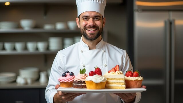 Male pastry chef holding a tray with beautiful cakes