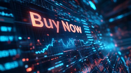 A vibrant digital interface showcases fluctuating financial graphs while emphasizing a 'Buy Now' directive, reflecting a high-tech trading environment
