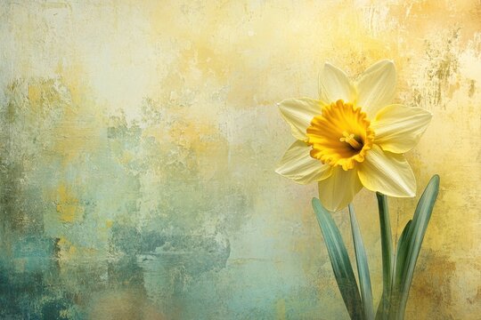 Art daffodil with petals in flowing yellows and soft greens, set against a textured, pastel backdropdaffodil, flower, yellow, green, petals, flowing, soft, textured, pastel, backdrop, floral, botanica