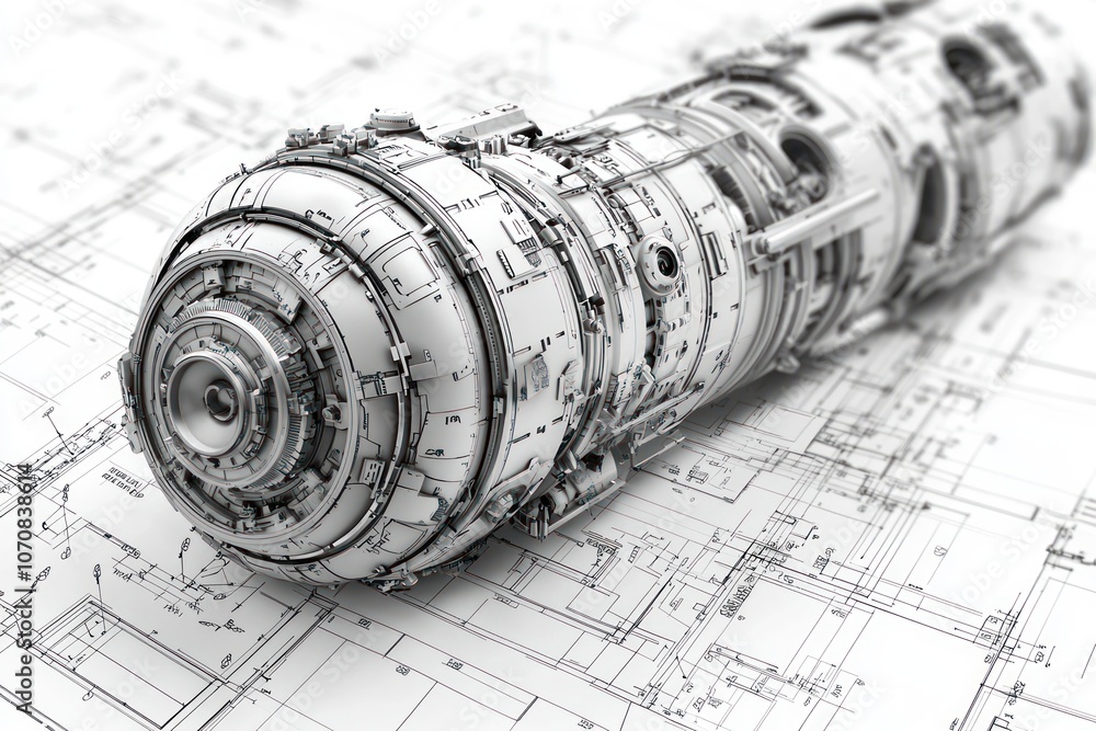 Poster detailed 3d model of a futuristic engine on engineering drawings