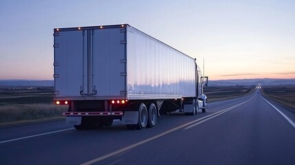 As the sun sets, a large truck travels down a serene highway, surrounded by expansive fields and mountains in the distance, creating a tranquil atmosphere