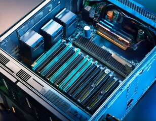 Obraz premium Inside of server pc. Motherboard and RAM memory.