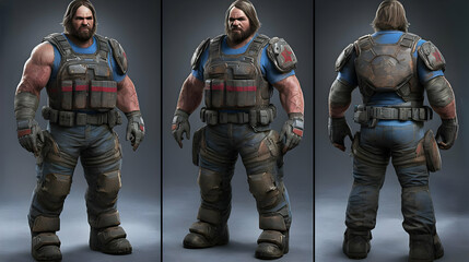 Fototapeta premium A muscular man in blue combat gear with a red cross on his chest armor, standing in a three-quarter view pose.