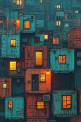 Stacked Shipping Containers with Glowing Windows at Night