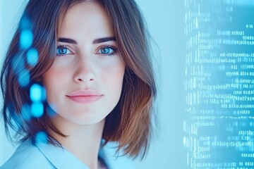 A female coder at work in a modern office with digital holographic data and cybersecurity visuals