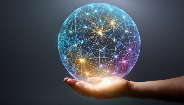 A glowing data sphere composed of colorful neural pathways held delicately in a man&rsquo;s hand,