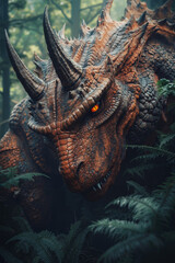 A close up of a dragon in the woods