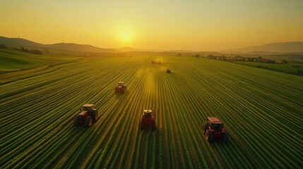 Obraz premium Tractors in Rows of Crops at Sunset in a Beautiful Agricultural Landscape with Rolling Hills