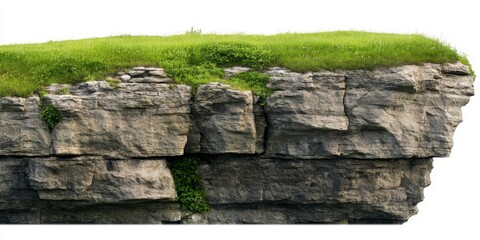 Cliff with Green Meadow on Top Isolated Against White Background