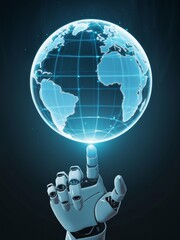 Fototapeta premium A robot hand with a holographic globe at the tip of its index finger.