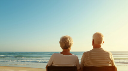 Fototapeta premium Elderly couple relaxing on chairs, gazing at the ocean view during a peaceful sunset on their vacation