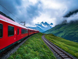 Fototapeta premium A scenic train journey through the Swiss Alps, with a red train winding through green valleys and dramatic mountain landscapes.