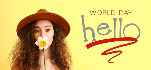 Banner for World Hello Day with young woman with flower on yellow background