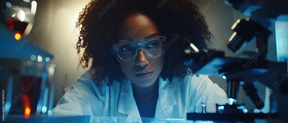 Poster a black woman scientist using a microscope in a lab