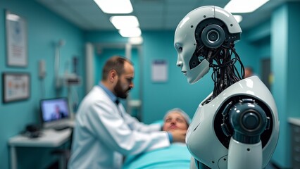 Futuristic Medical Robot Observing Doctor in Hospital Room