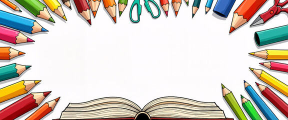 Fototapeta premium Colorful pencils and stationery surrounding an open book on a blank background