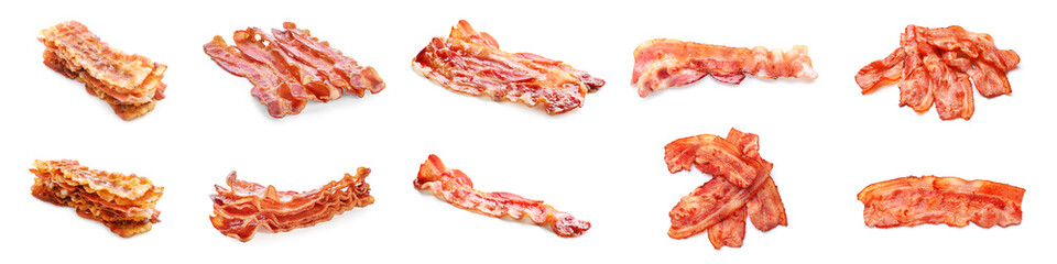 Set of crispy bacon strips on white background