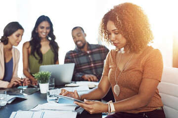 Digital, typing and woman with tablet, office and browsing for financial report, team and website. Professional, accountant manager and people with app for statements, planning and company assets