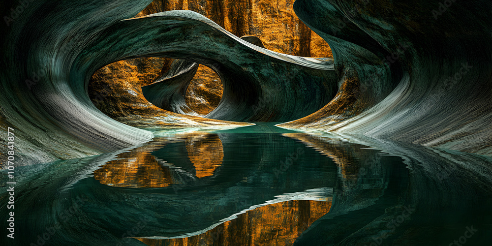 Poster Whispers of the Earth: A mesmerizing reflection of the earth's artistry in a cave, where the natural curves and reflections create a surreal and captivating scene.  