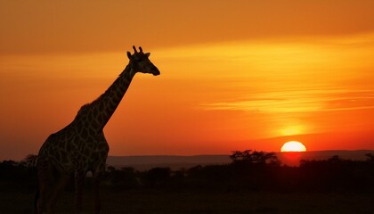  Giraffe silhouetted against a sunrise, with the sun low on the horizon casting a soft glow a