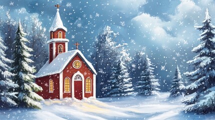 Fototapeta premium A quaint country church surrounded by snow-covered trees, light snow on the roof, creating a serene holiday greeting card atmosphere.